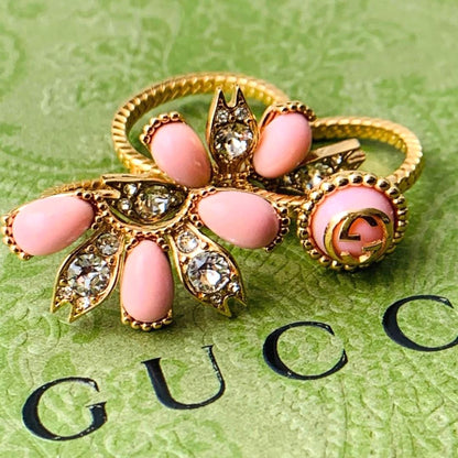 GUCCI Flower Ring Set 3-Band Coral Pink Crystal Gold Tone SizeS US6.5 EUR52 Auth