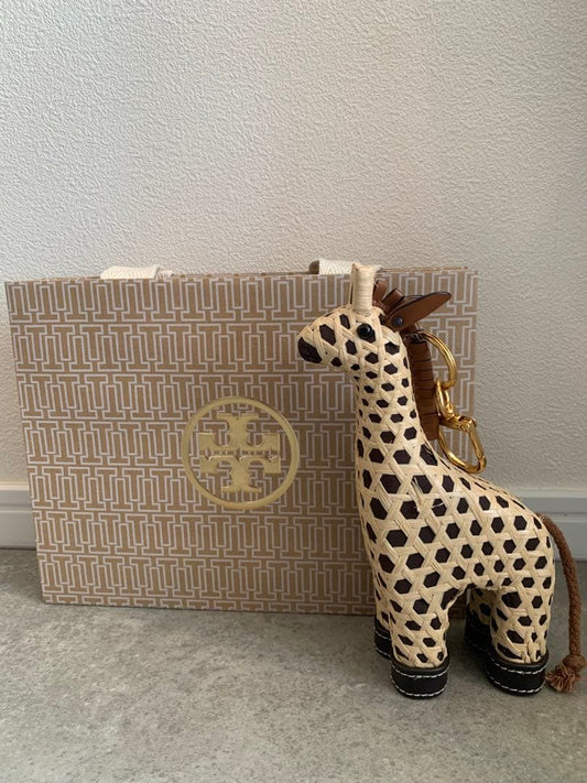 Tory Burch Hand Woven Raffia Giraffe Charm Bag Accessory Keychain 2024 SS
