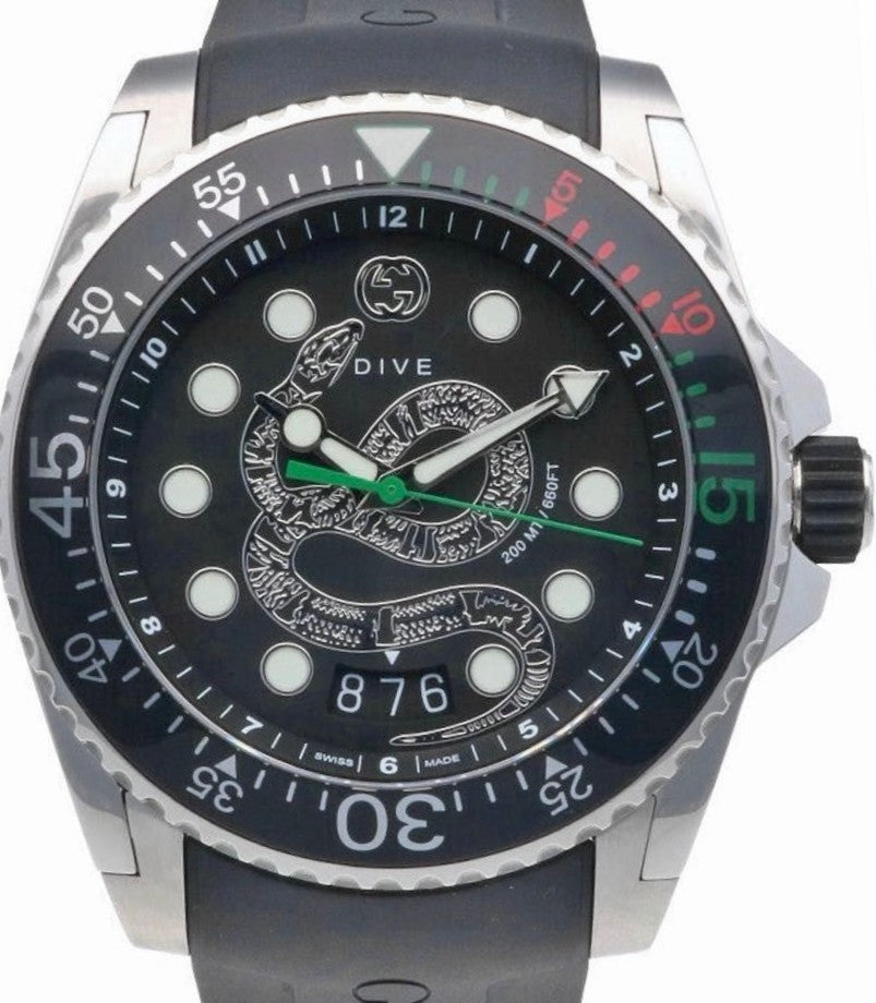 GUCCI Dive Snake 136.2 Black Dial Silver Snake Quartz Watch Men 45mm With Box
