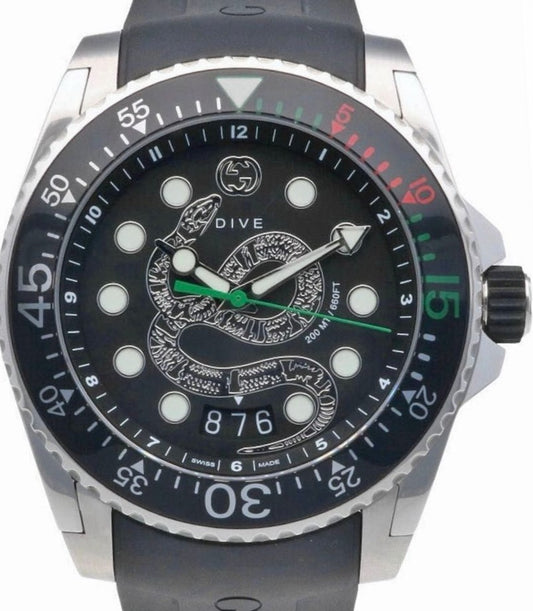 GUCCI Dive Snake 136.2 Black Dial Silver Snake Quartz Watch Men 45mm With Box
