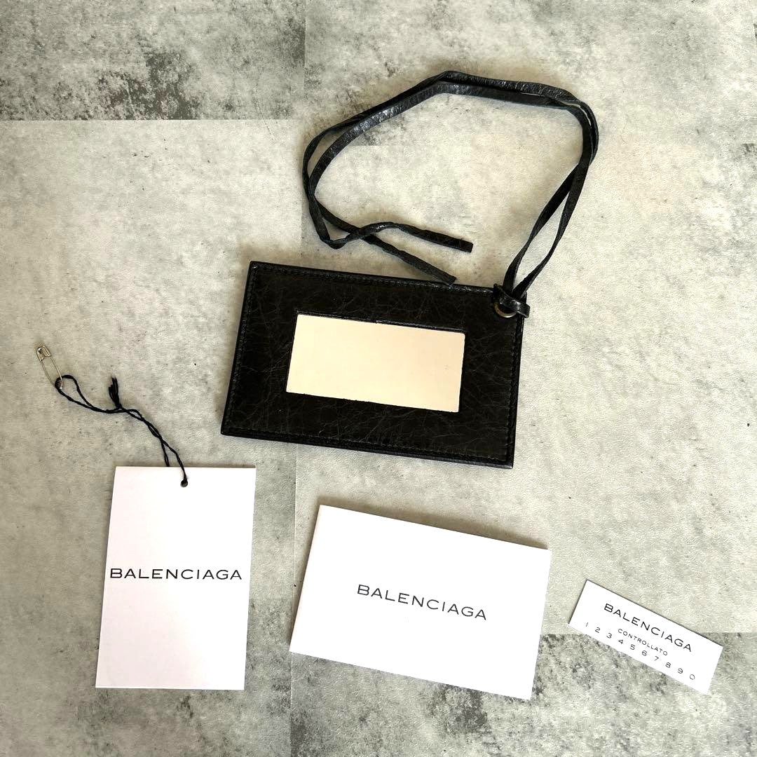 BALENCIAGA Black Leather Mirror Card Case ID Holder Neck Strap Lanyard Authentic
