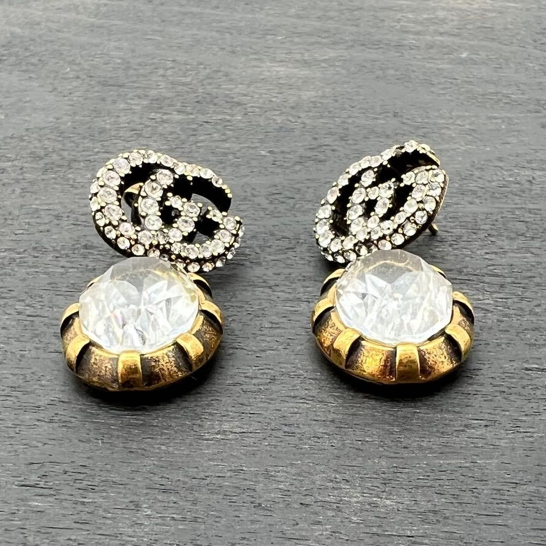 GUCCI Interlocking GG Crystal Drop Earrings Gold Rhinestone Vintage Auth Japan