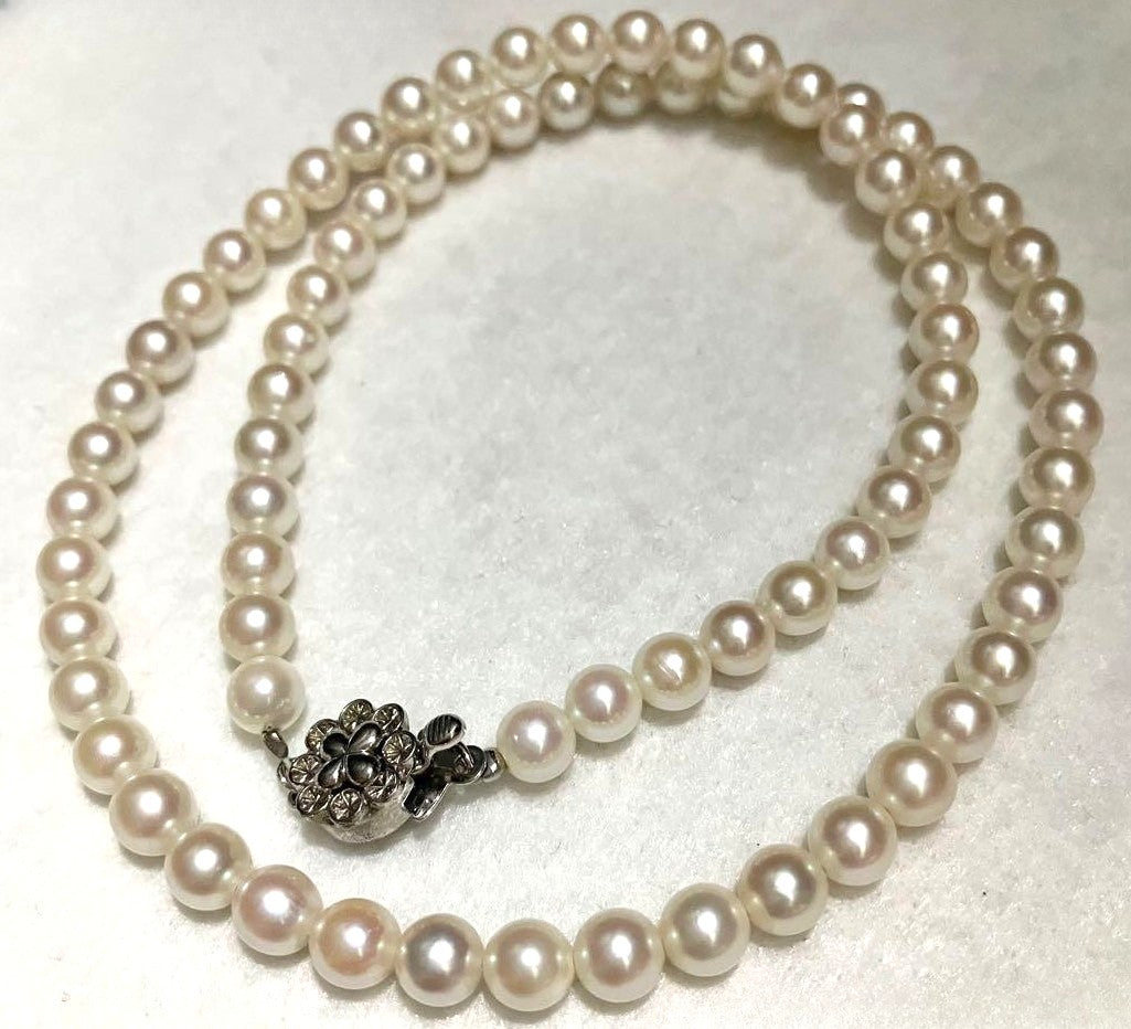 Akoya Baby Pearl Necklace White Real Pearl Silver Flower Clasp 5mm 41cm 16.1in