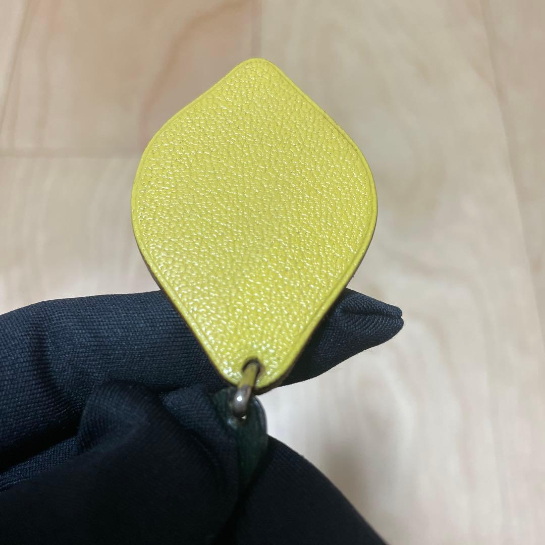 HERMES Lemon Fruit Bag Charm Keychain Yellow Green Leather Silver HW Vintage