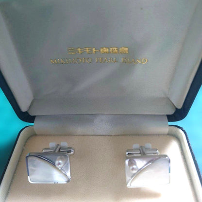 Mikimoto Pearl Island Cufflinks Tie Bar Set Silver Mother of Pearl Vintage Japan