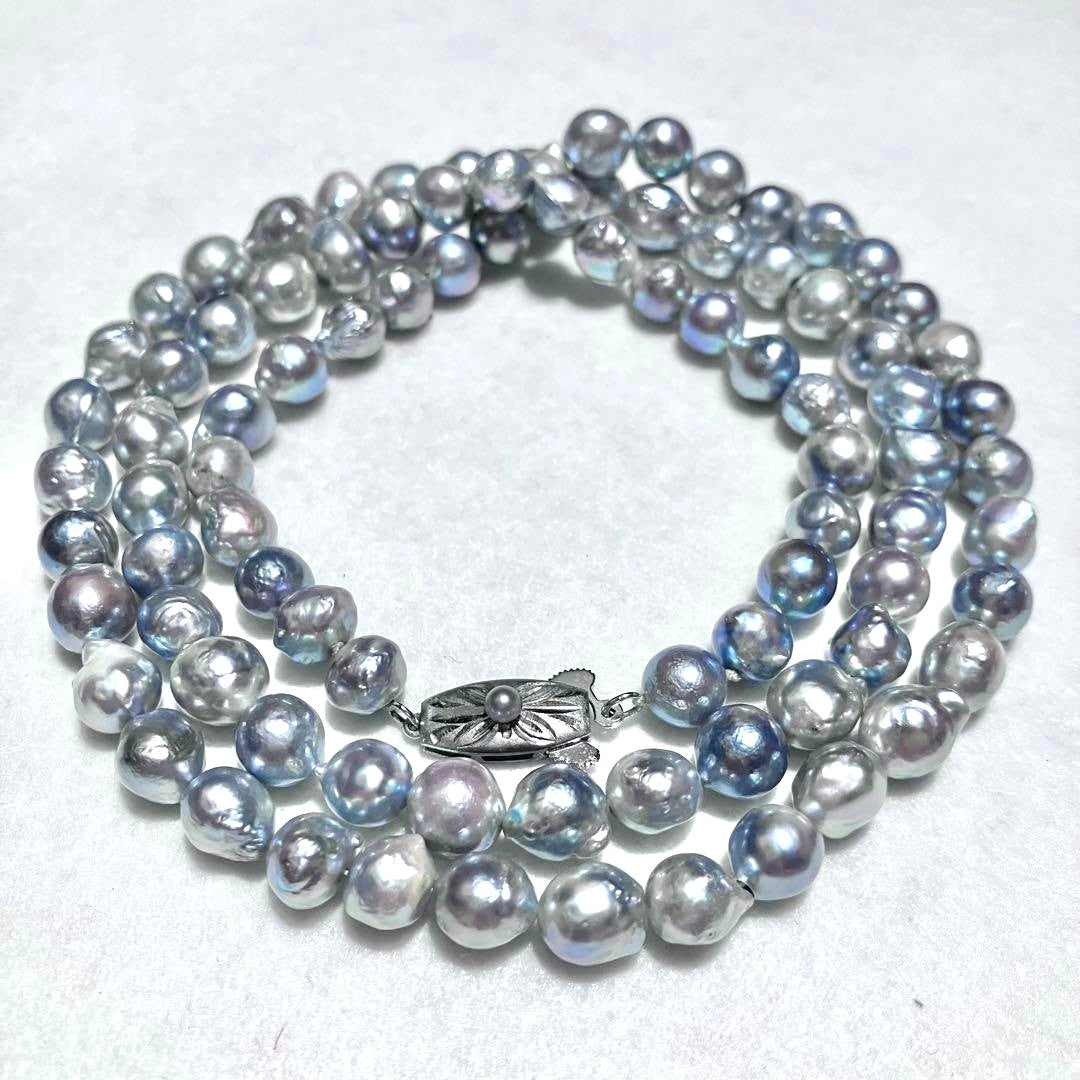 Takashimaya Akoya Pearl Necklace 3-Strand Blue Gray Baroque 8mm 20.9in Japan