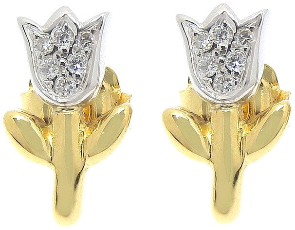 TOUS Tulip Motif Diamond Stud Earrings K18YG 18K Yellow Gold White Gold Mint