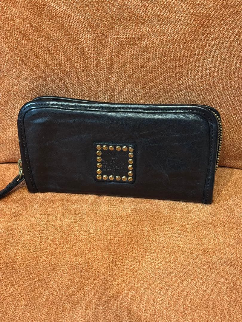 CAMPOMAGGI Studded Long Wallet Black Leather Zip Around Italy Concho Vintage