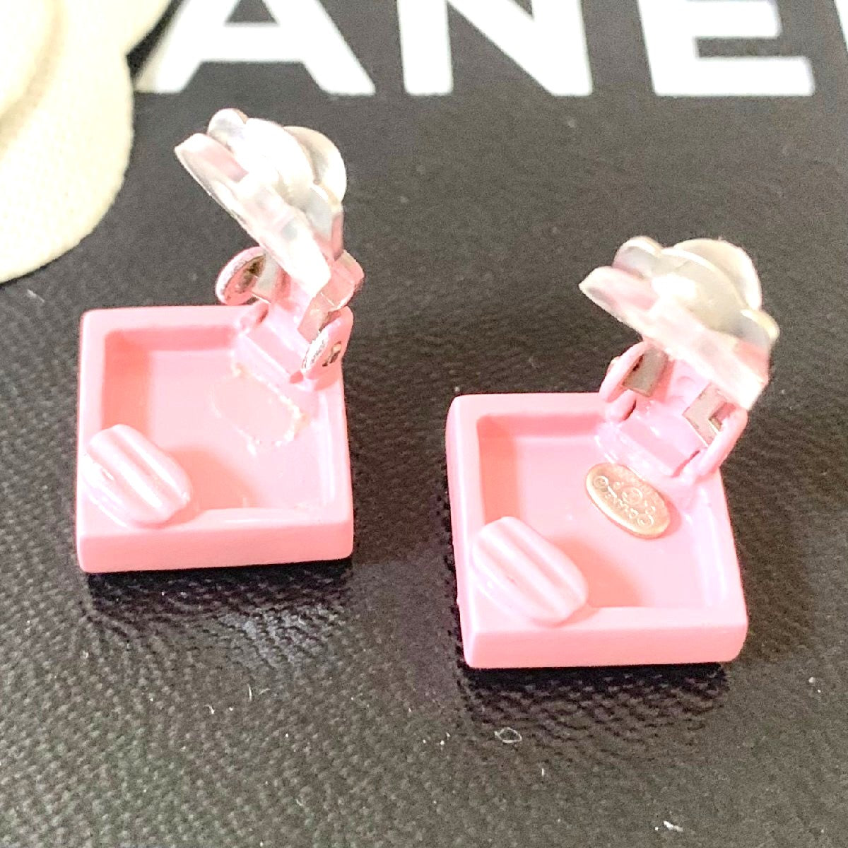 CHANEL CC Logo Earrings Pink Diamond Square Resin Silver Clip-On Authentic