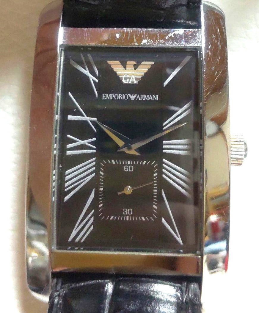 Emporio Armani AR-0143 Mens Quartz Watch Black Dial Silver Rectangle w/Box Used