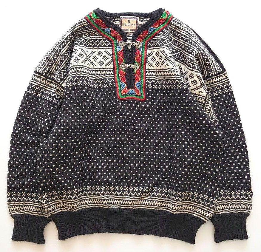 DALE OF NORWAY Nordic Sweater Men's Wool Knit Pullover Black White L Metal Clasp
