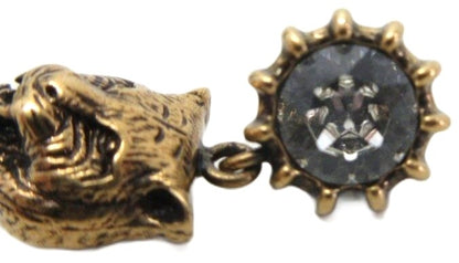 GUCCI Tiger Cat Head Drop Earrings Gold Tone Rhinestone Crystal Bijou Used