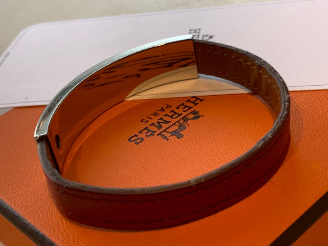 Hermes Pousse Pousse Silver Tone Metal Brique Leather Bracelet Adjustable