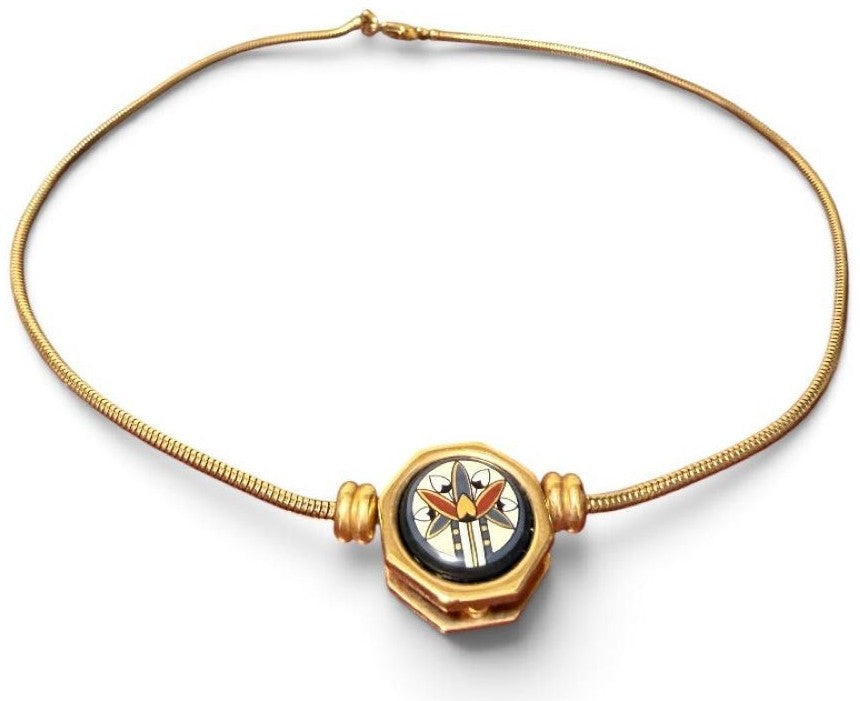 Michaela Frey Wien Enamel Pendant Necklace Octagon Gold Tone Snake Chain Austria