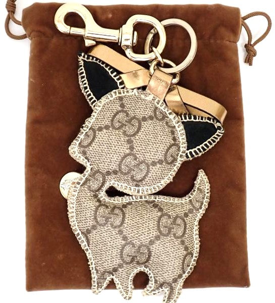 GUCCI GG Monogram Chihuahua Key Ring Bag Charm 206081 Beige PVC Gold HW Authenti