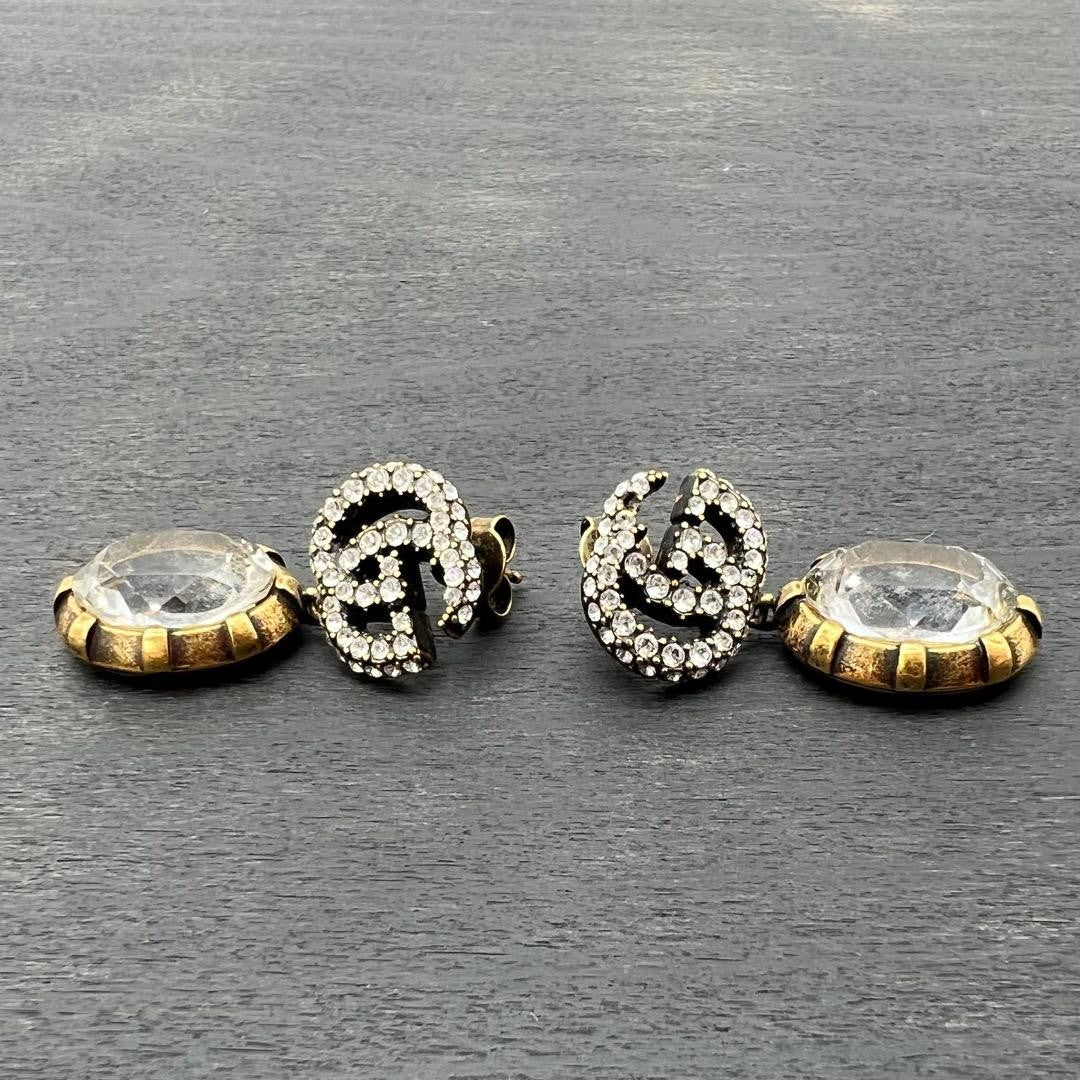 GUCCI Interlocking GG Crystal Drop Earrings Gold Rhinestone Vintage Auth Japan