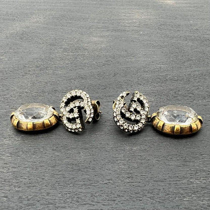 GUCCI Interlocking GG Crystal Drop Earrings Gold Rhinestone Vintage Auth Japan