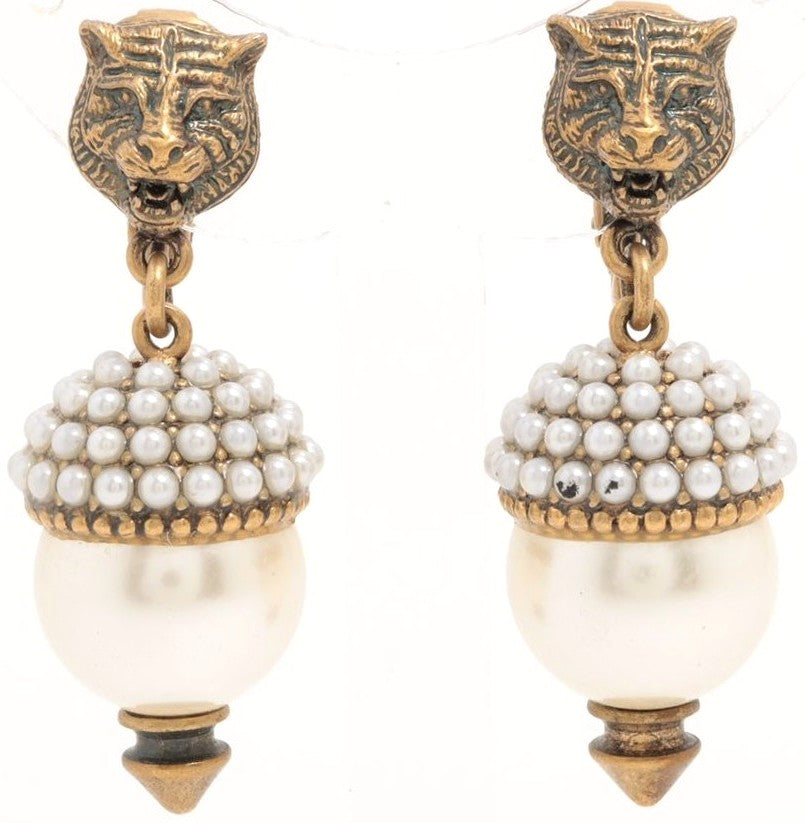 Gucci Tiger Head Earrings GP Fake Pearl Gold Italy Clip-On Authentic Japan Used
