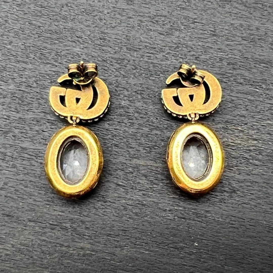 GUCCI Interlocking GG Crystal Drop Earrings Gold Rhinestone Vintage Auth Japan