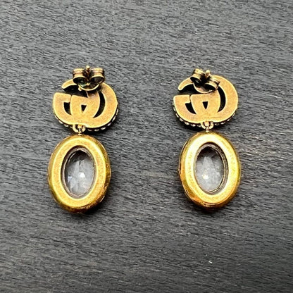 GUCCI Interlocking GG Crystal Drop Earrings Gold Rhinestone Vintage Auth Japan