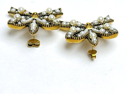 GUCCI Cat Ribbon Bow Pearl Earrings Antique Gold Tone Faux Pearl Stud Authentic