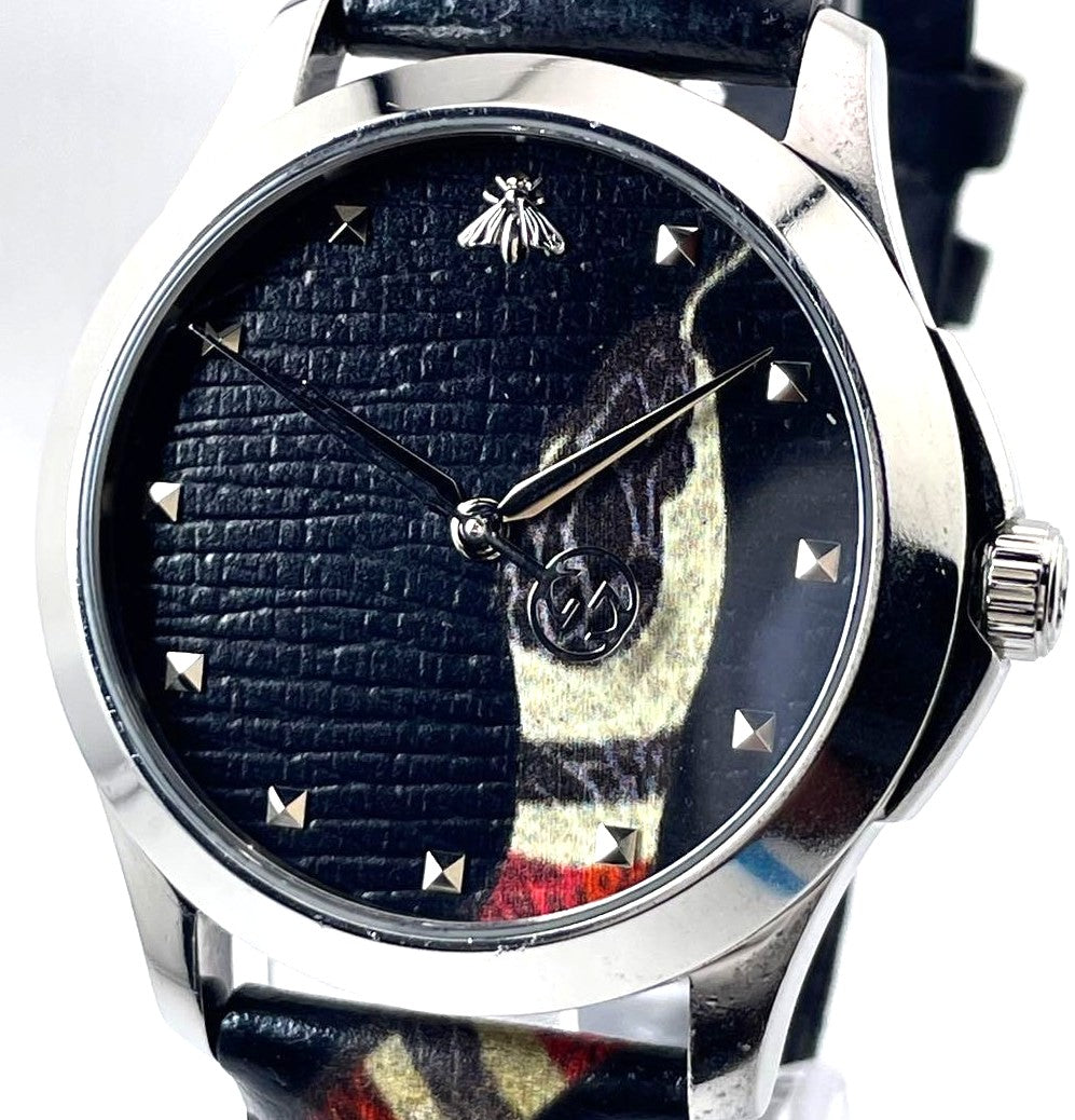 GUCCI G-Timeless Kingsnake Bee 38mm Black Dial Leather Band Watch 126.4 Japan