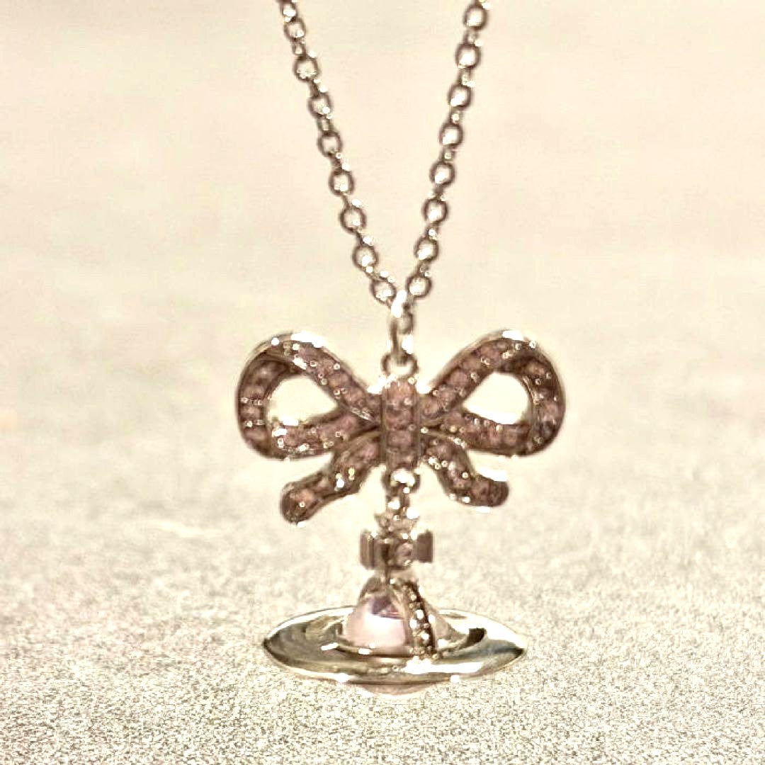 Vivienne Westwood Drop Ribbon Small Orb Necklace Silver Pink Crystal 40-45cm