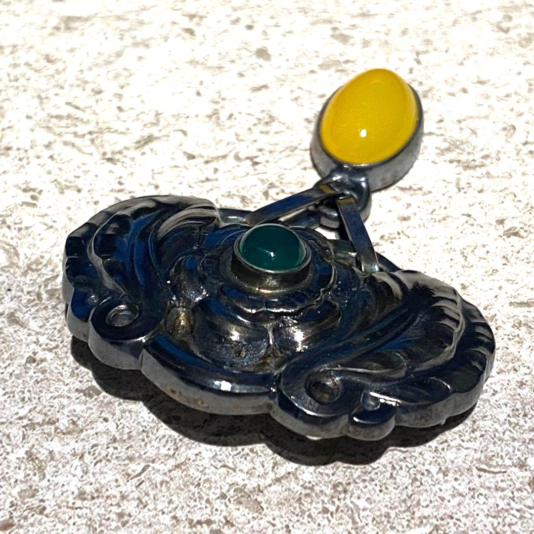 Georg Jensen Heritage 2008 Annual Brooch Silver 925 Green Yellow Cabochon w/Box