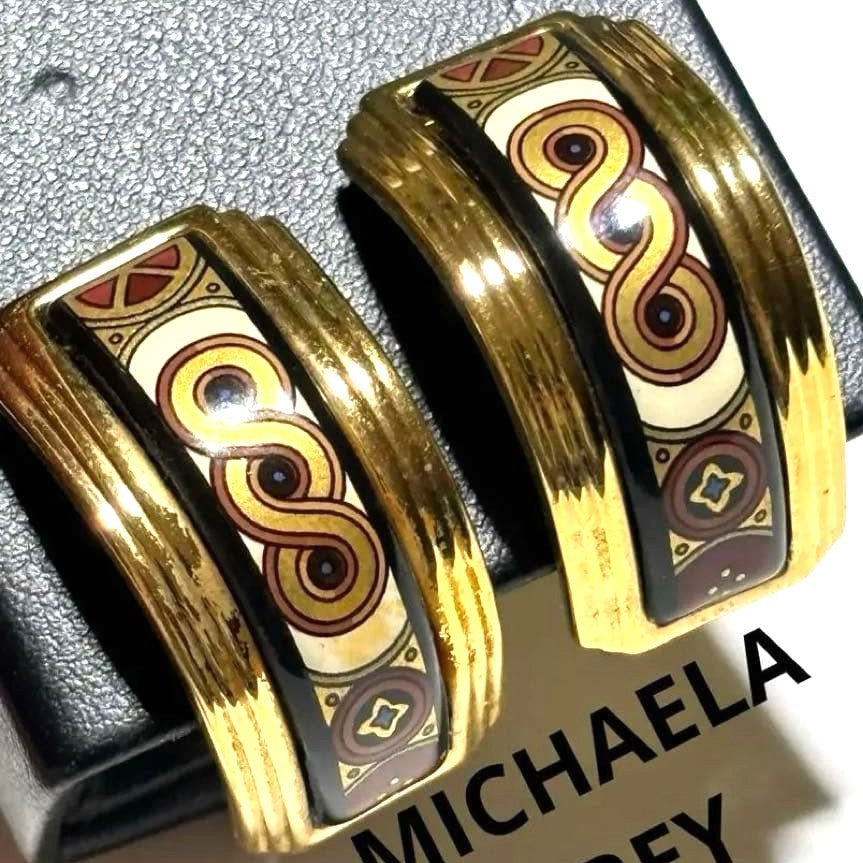 Michaela Frey Wien Clip-On Earrings Gold Enamel Geometric Vintage Austria