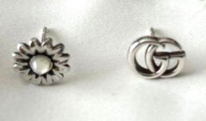 GUCCI Double G GG Marmont Flower Mismatch Stud Earrings Silver 925 Authentic