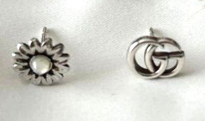 GUCCI Double G GG Marmont Flower Mismatch Stud Earrings Silver 925 Authentic
