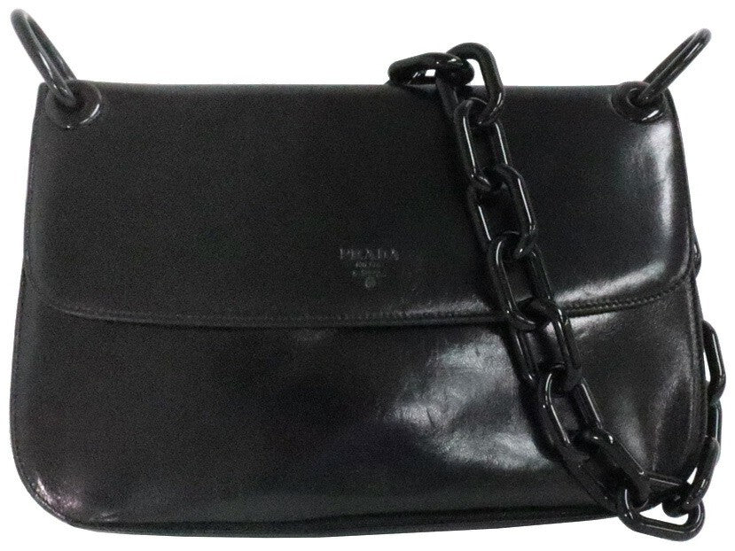 PRADA Nappa Swing Leather Chain Shoulder Bag B6380 Black 29.5cm Authentic Used