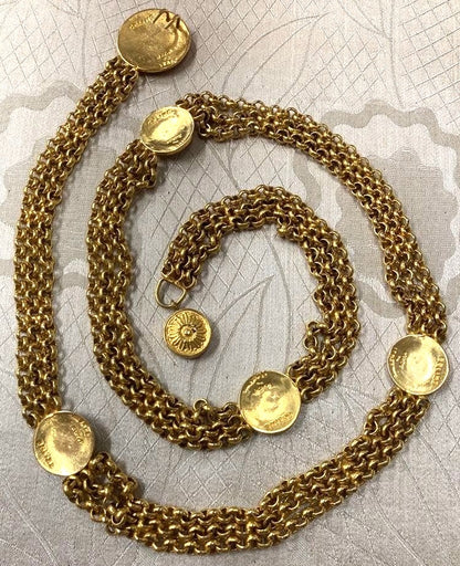 CELINE Vintage Gold Tone Chain Belt Flower Medallion Sunburst Motif 35.0in Auth