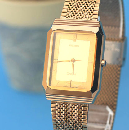SEIKO Dolce 7741-508A Quartz Rectangle Watch Gold Tone Mesh Band Vintage 36.5mm