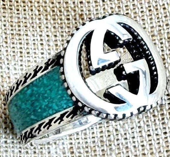 GUCCI Interlocking GG Ring Silver 925 Turquoise Enamel Size US 7 / EU 54 Used