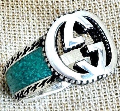 GUCCI Interlocking GG Ring Silver 925 Turquoise Enamel Size US 7 / EU 54 Used