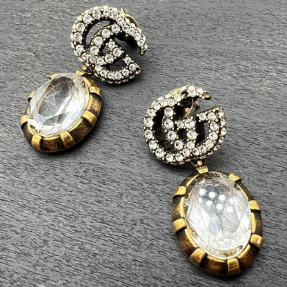 GUCCI Interlocking GG Crystal Drop Earrings Gold Rhinestone Vintage Auth Japan