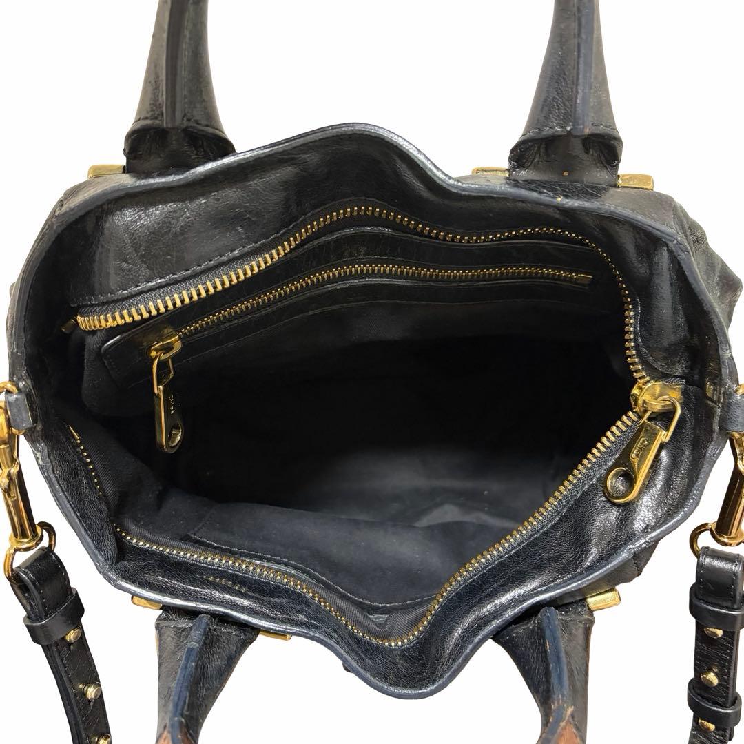 Chloe Ethel 2way Tote Bag Black Leather Gold Square Hardware Shoulder Handbag