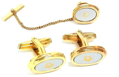 Christian Dior Vintage Cufflinks Tie Tack Pin Set Gold Tone Authentic Japan Used