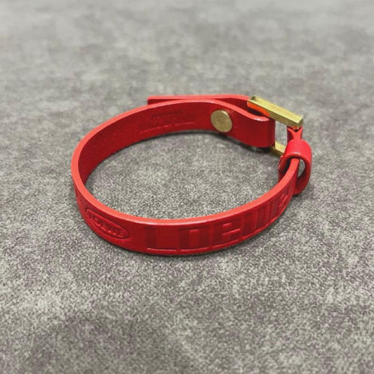 Loewe Embossed Logo Red Leather Bangle Bracelet Gold Hardware