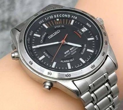 SEIKO Speed Master 6M26-6000 Black Dial Quartz Watch Steel 37.9mm Japan Used