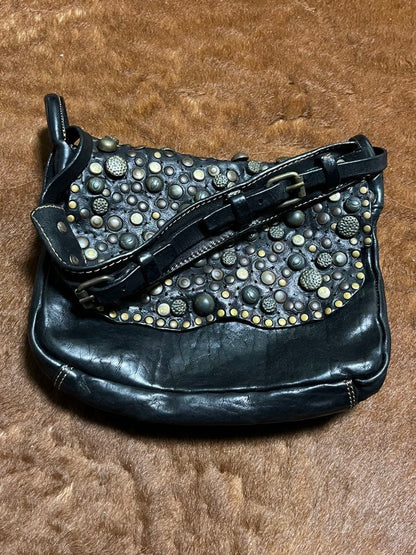 CAMPOMAGGI Studded Leather Shoulder Bag Charcoal Gray Italy Thick Vintage Boho