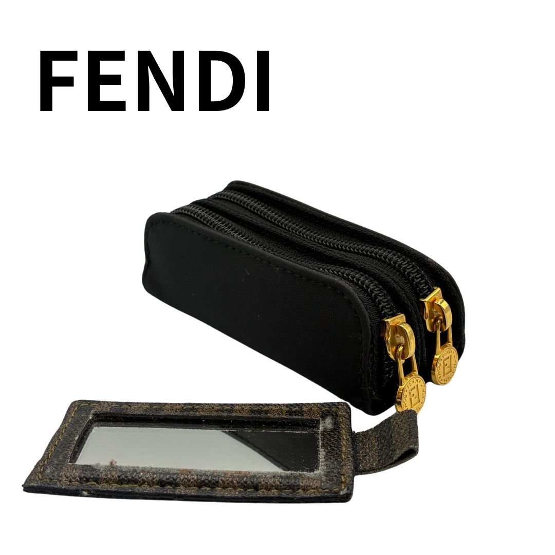 FENDI Pecan Double Zipper Lip Case Pouch Black Nylon Gold FF Logo Zip Pull