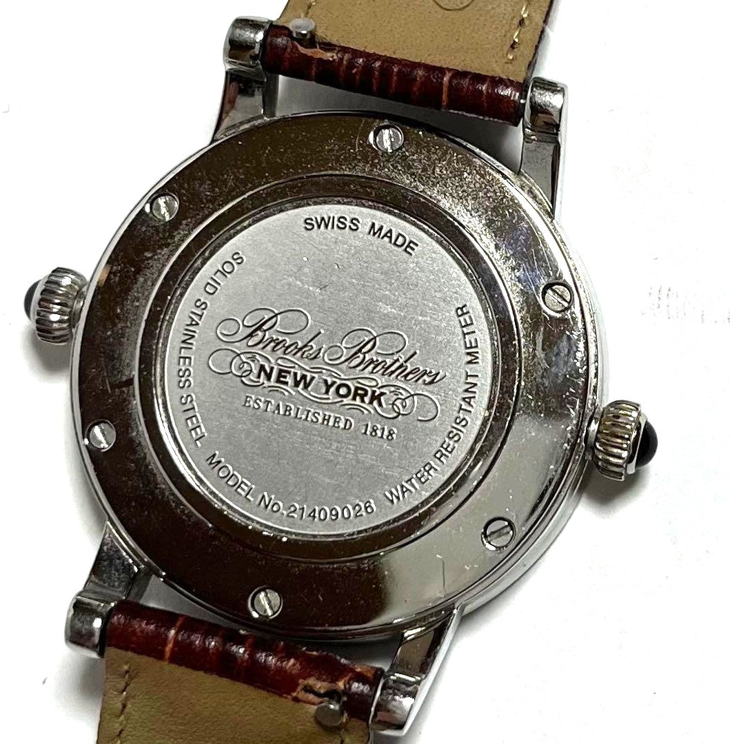 Brooks Brothers Dual Time Zone Quartz Watch Blue Dial Brown Leather Swiss Made