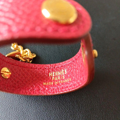 Hermes Globe Holder Bracelet Red Leather Gold Chain Made in France Authentic