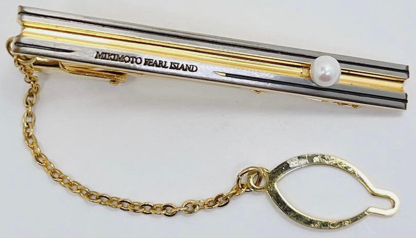 Mikimoto Pearl Island Tie Bar Clip & Cufflinks Set Silver Gold Tone Akoya Japan