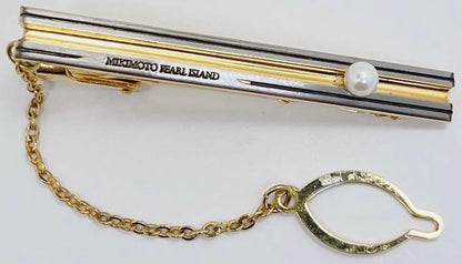 Mikimoto Pearl Island Tie Bar Clip & Cufflinks Set Silver Gold Tone Akoya Japan