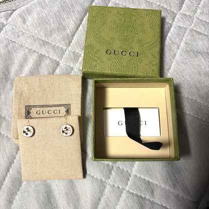 GUCCI Interlocking G Stud Earrings Silver 925 Logo Round Authentic Japan Used