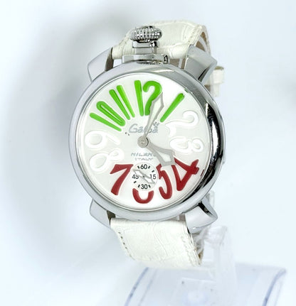 GaGa Milano Manuale 48 Watch White Dial Green Red Numerals Leather Italy Unisex