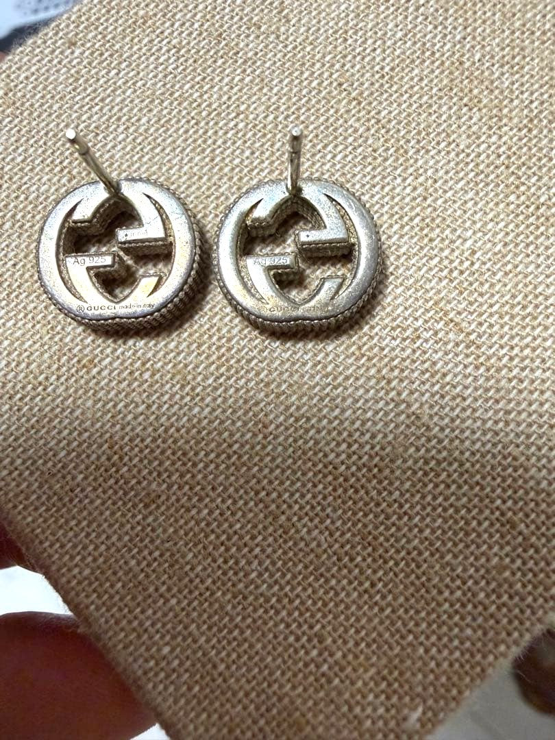 GUCCI Interlocking G Stud Earrings Silver 925 Logo Round Authentic Japan Used